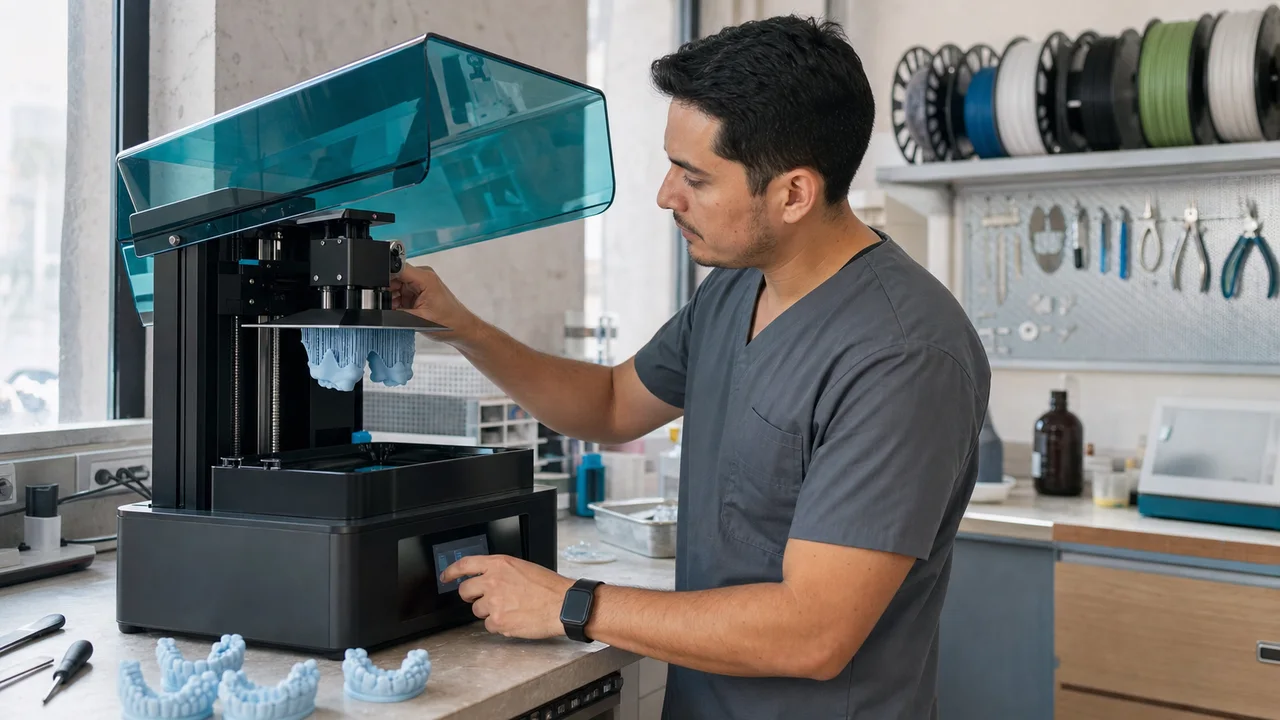 Especialista supervisando una impresora 3D que produce componentes odontológicos