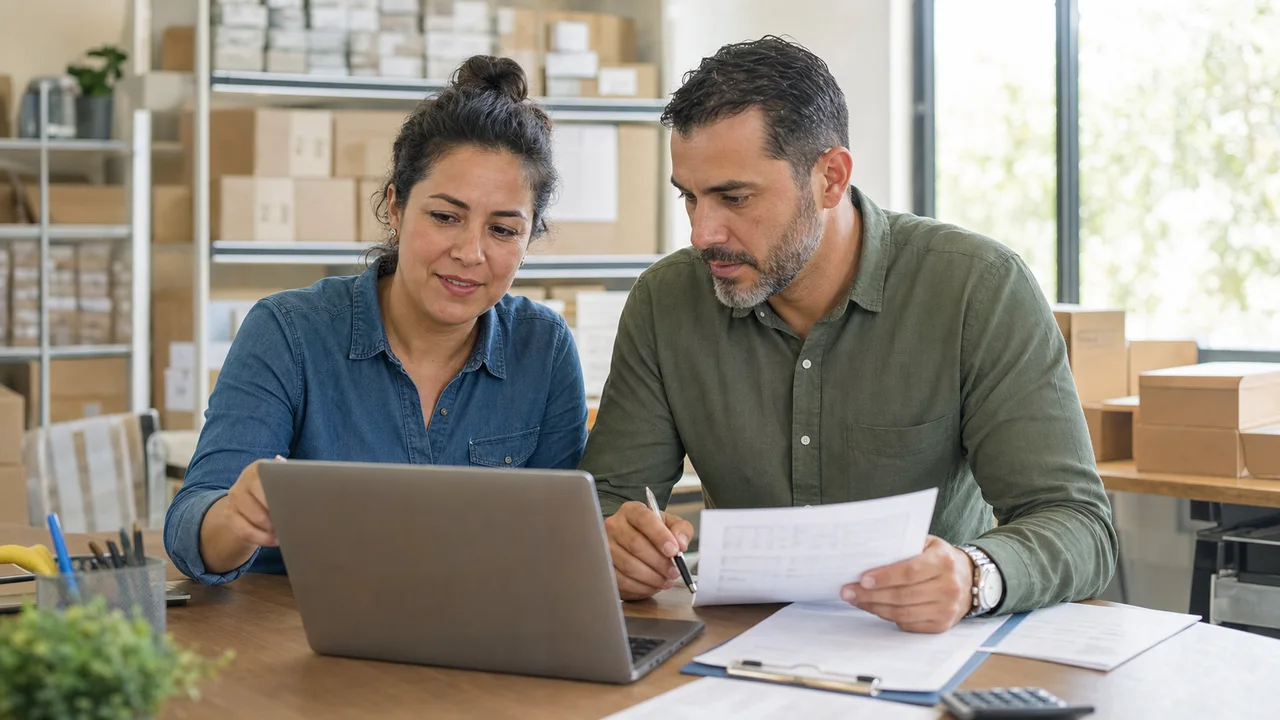 Profesionales revisando inventario, operación y finanzas con software empresarial