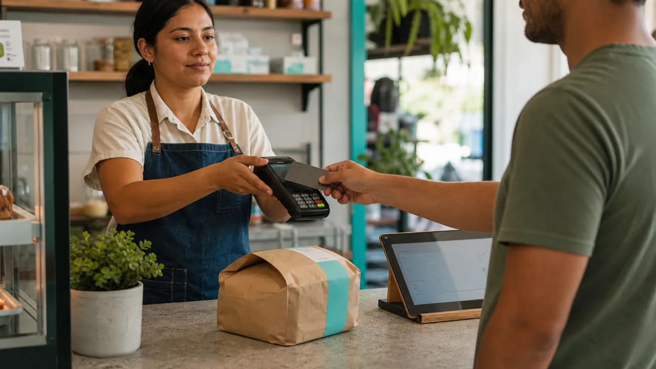 Cliente completando un pago con tarjeta en una terminal de comercio