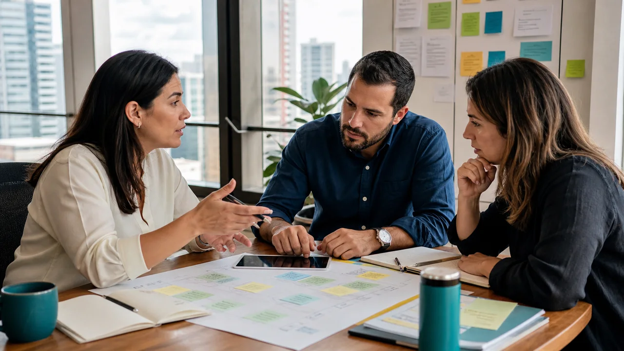 Consultora y clientes definiendo prioridades y próximos pasos sobre una mesa de trabajo