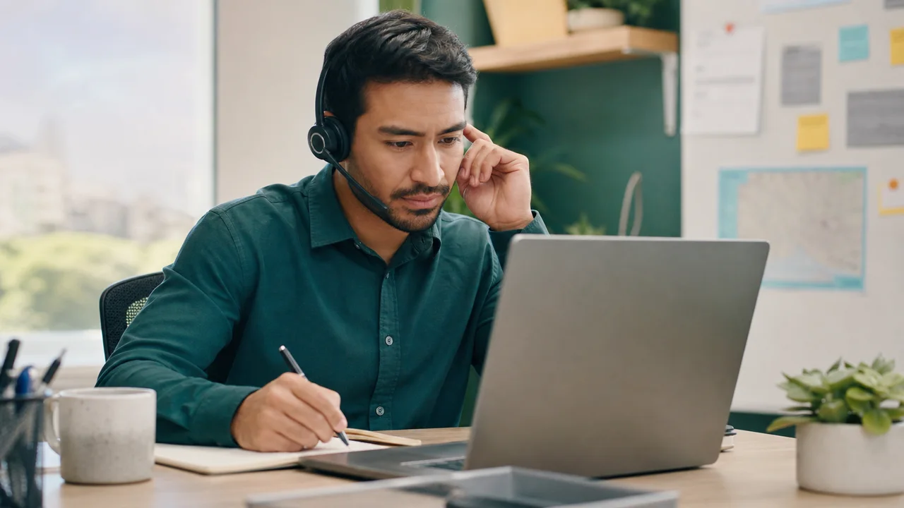 Profesional atendiendo una consulta y tomando notas frente a su laptop