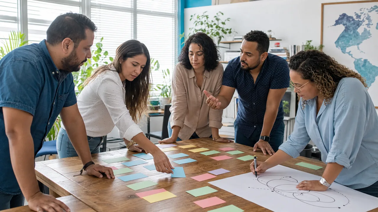 Equipo organizando valores y acuerdos observables en un taller de cultura