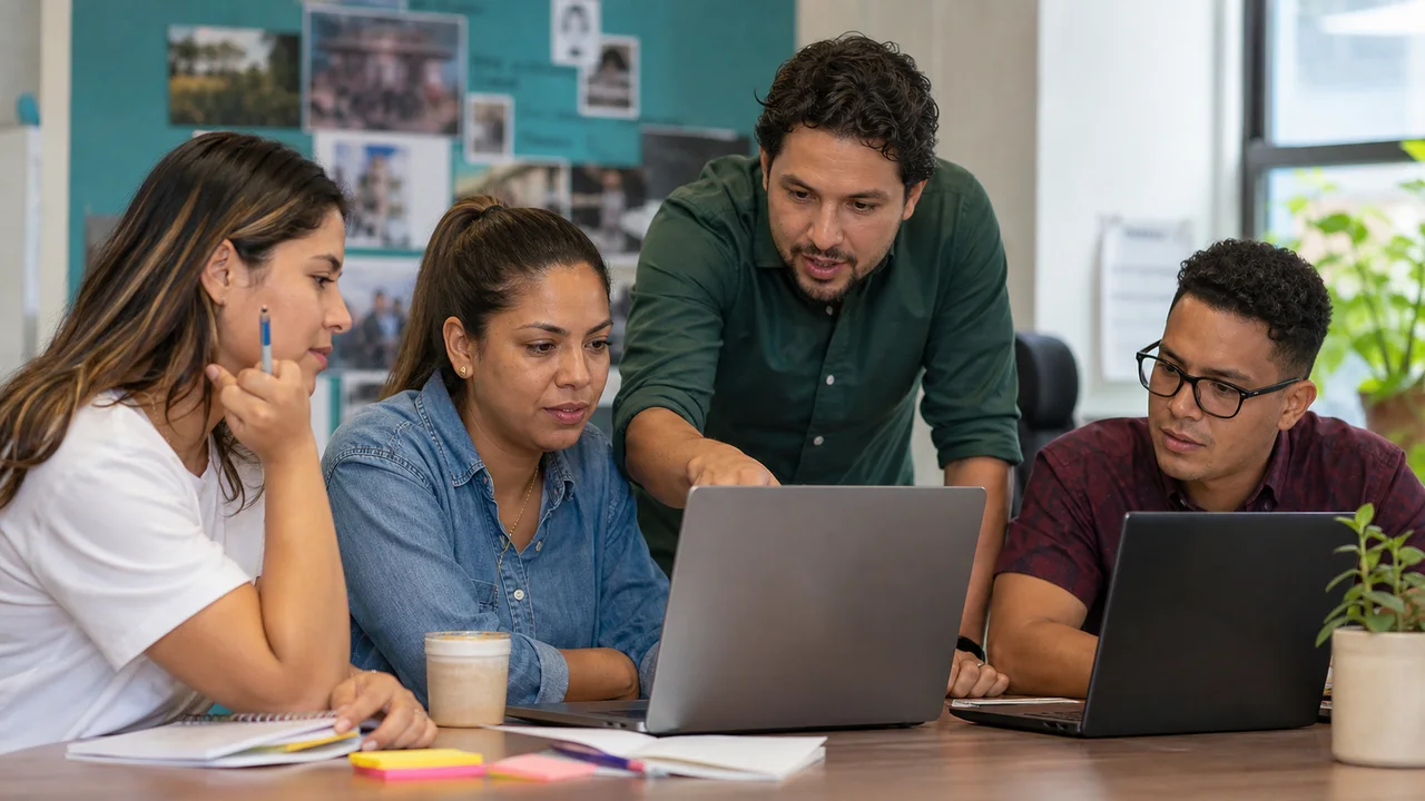 Equipo adulto desarrollando habilidades digitales en un taller práctico con laptops