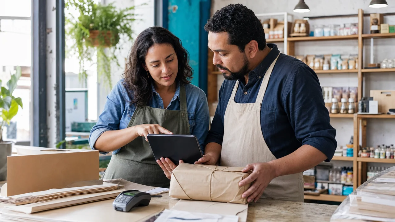 Comerciantes procesando un pedido online, el pago y la preparación del paquete