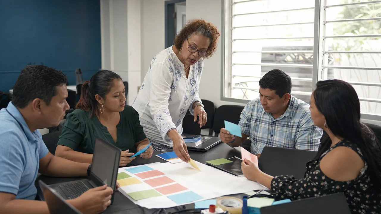 Facilitadora experimentada guiando un ejercicio práctico con un equipo adulto