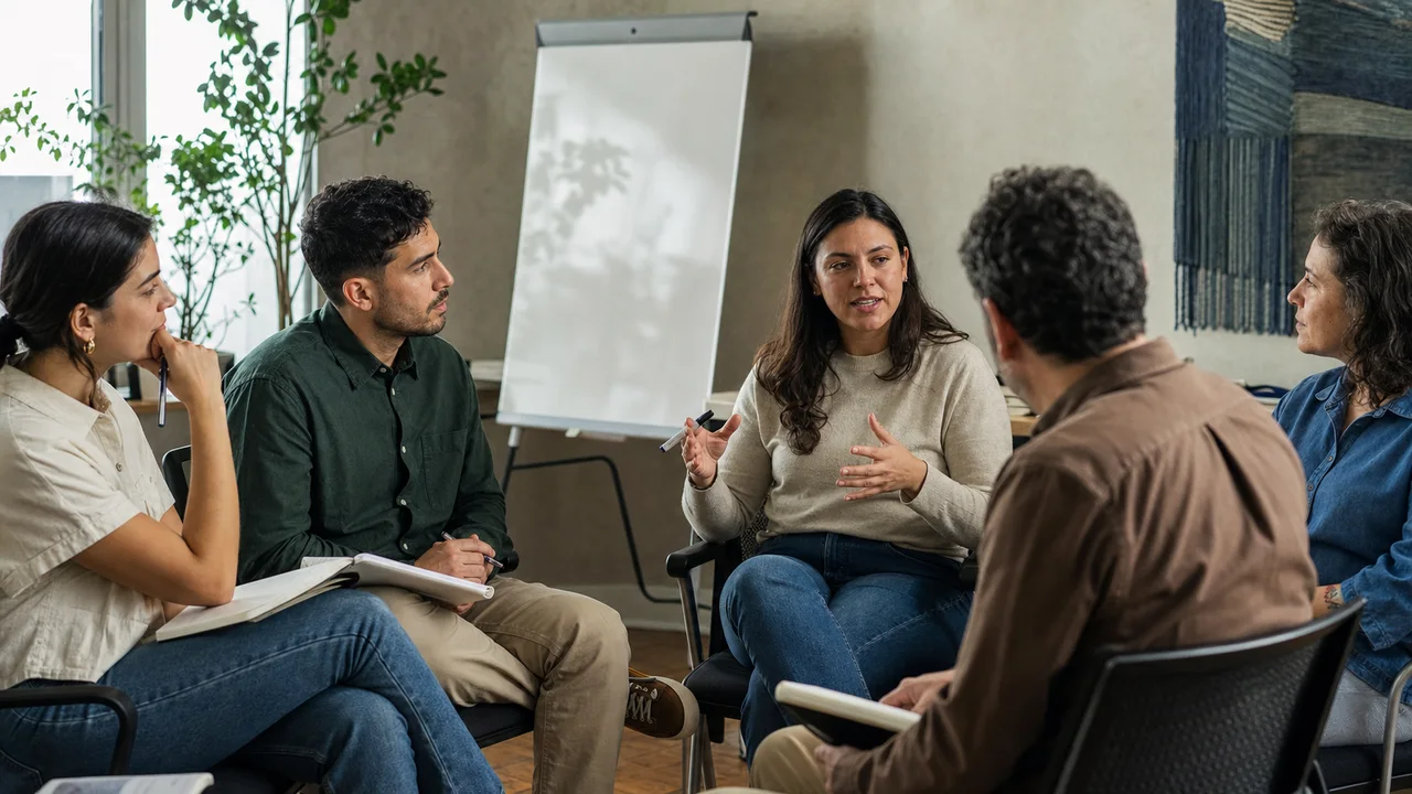 Facilitadora guiando una conversación de equipo sobre colaboración y cultura