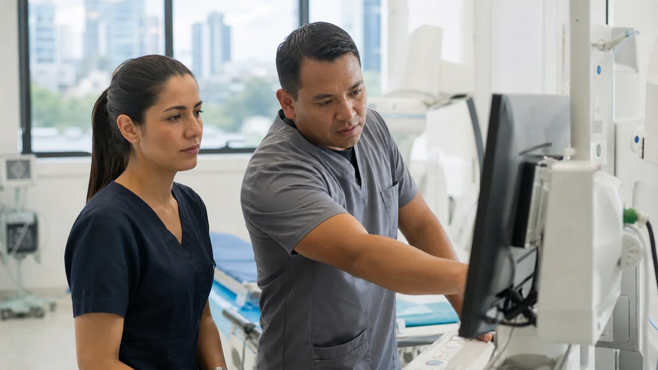 Técnico biomédico y profesional clínico revisando juntos un equipo de diagnóstico