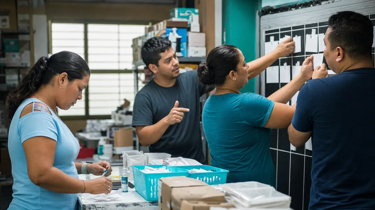 Equipo coordinando tareas y responsabilidades sobre un tablero de trabajo