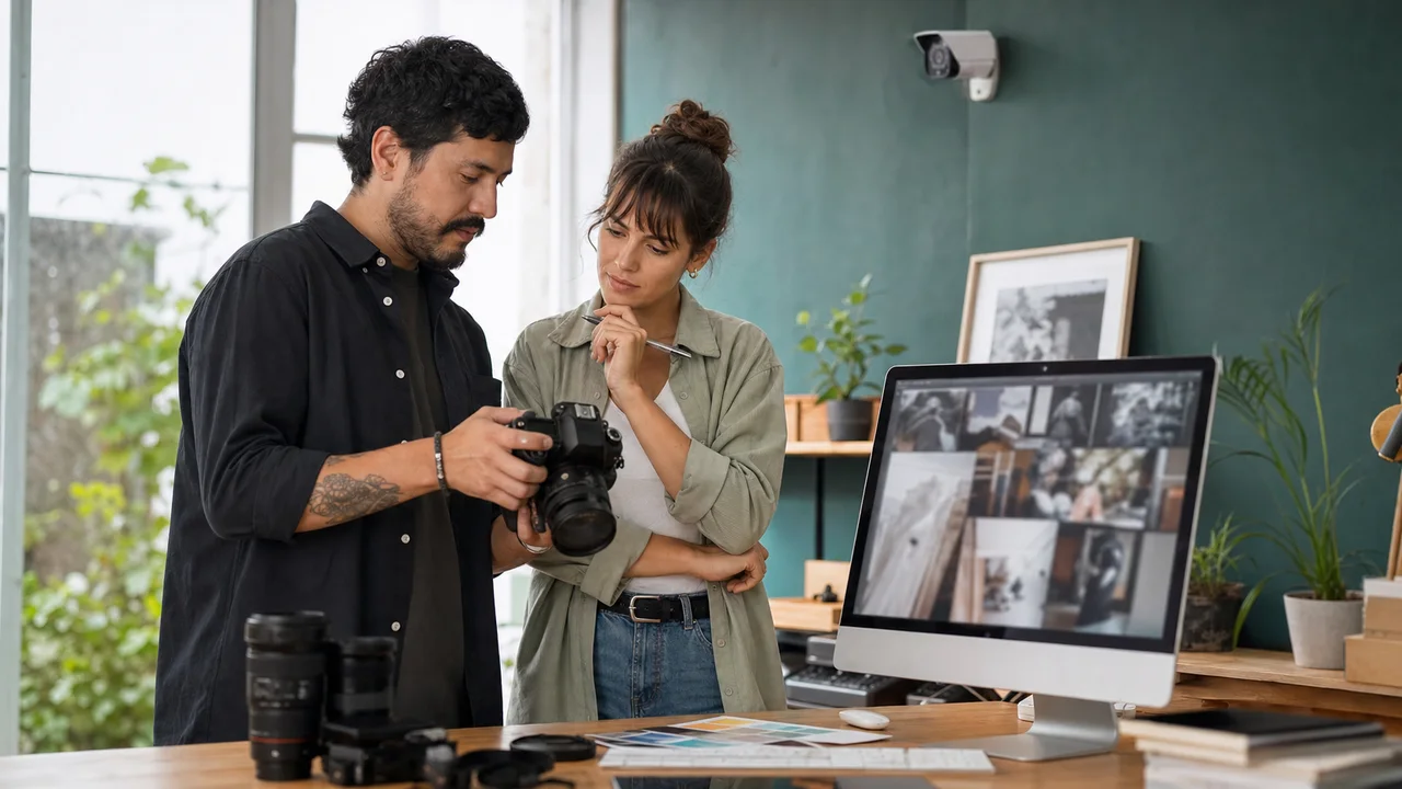 Especialistas revisando fotografías y cobertura visual con cámara y monitor profesional