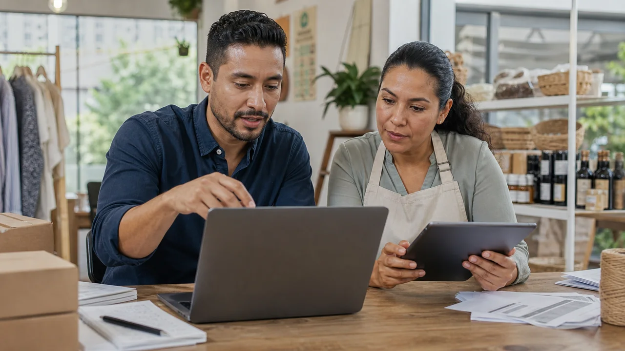Asesor digital y comerciante revisando juntos un sitio web y su flujo de pedidos