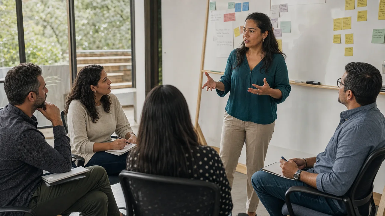Facilitadora ayudando a un equipo a convertir observaciones en acuerdos prácticos