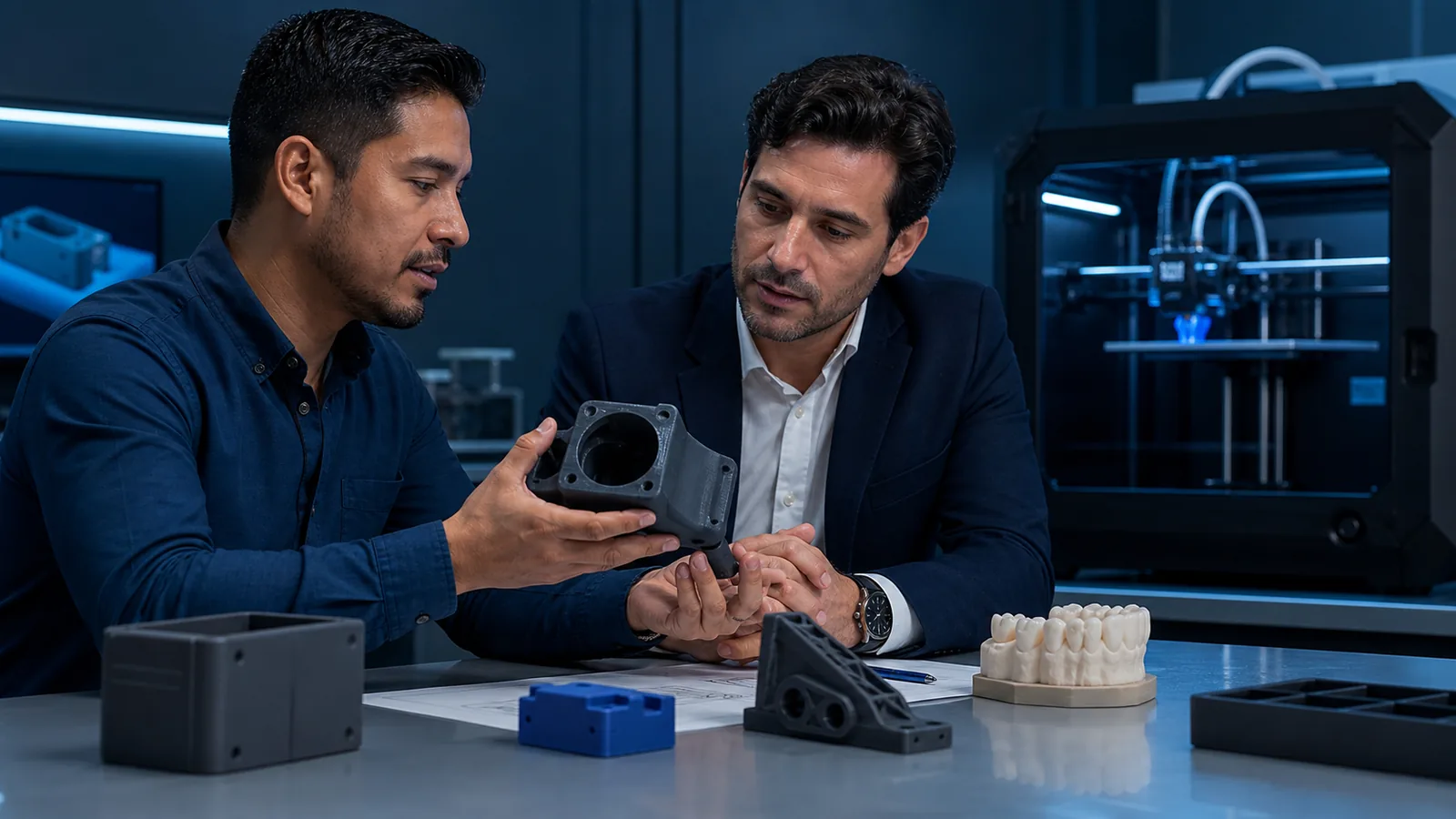 Especialista y cliente inspeccionan un prototipo fabricado mediante impresión 3D