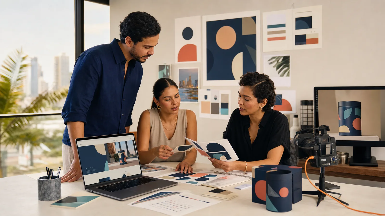 Empresaria, estratega y fotógrafa revisan una identidad visual y fotografías de producto en un estudio de Panamá