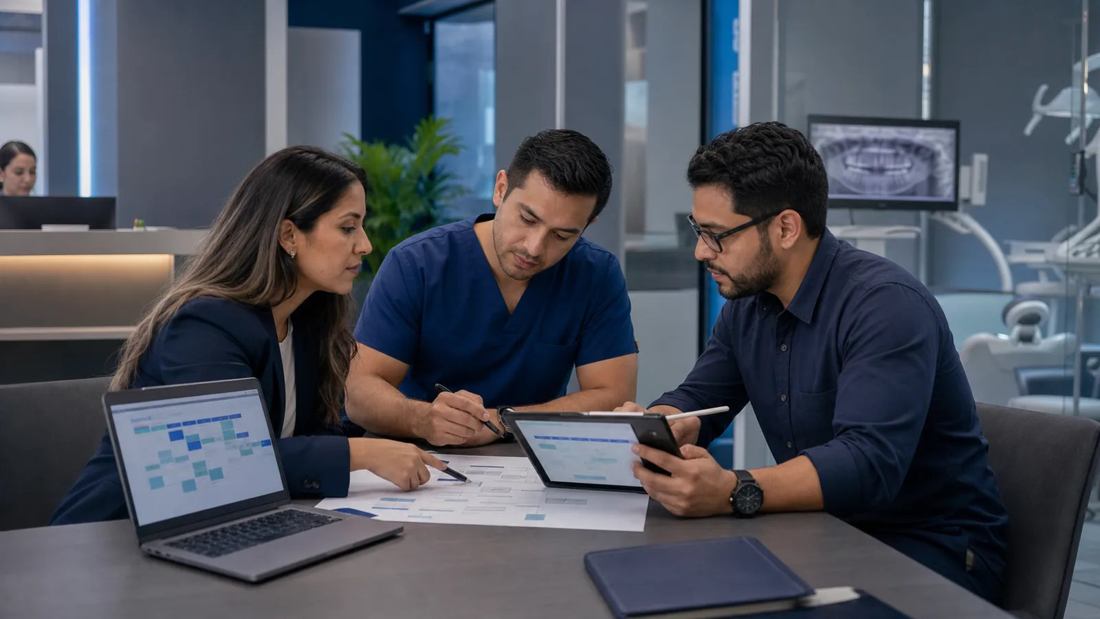 Equipo clínico y consultor IT revisan juntos un flujo de software para consultorios