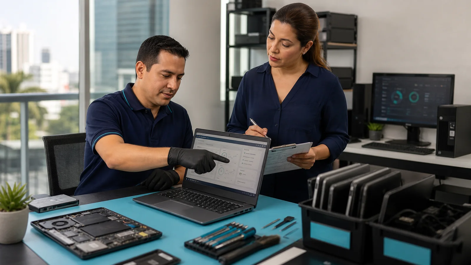Técnico explica el diagnóstico de una laptop empresarial antes de intervenir