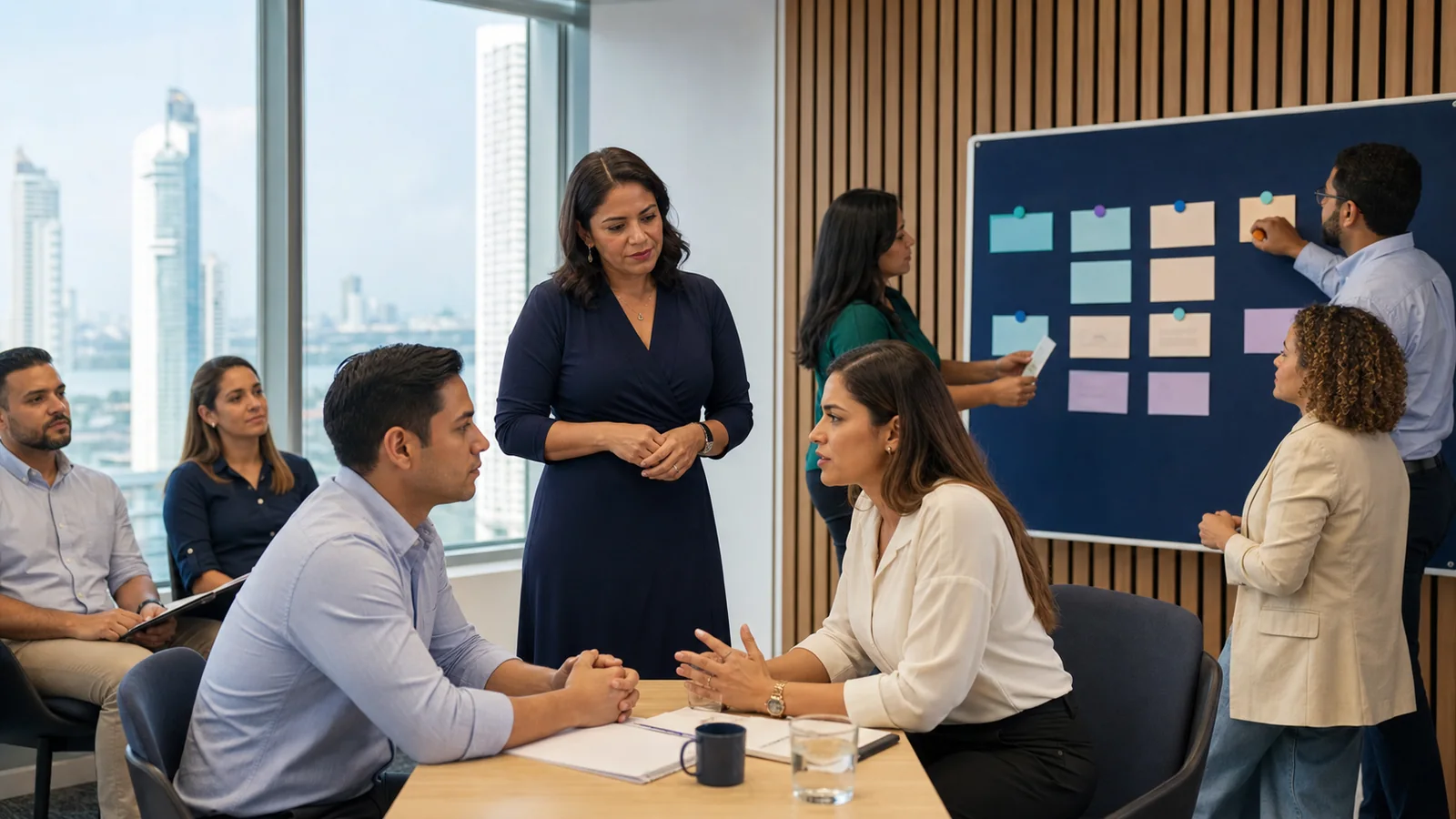 Dos colegas practican una conversación difícil con apoyo de una facilitadora