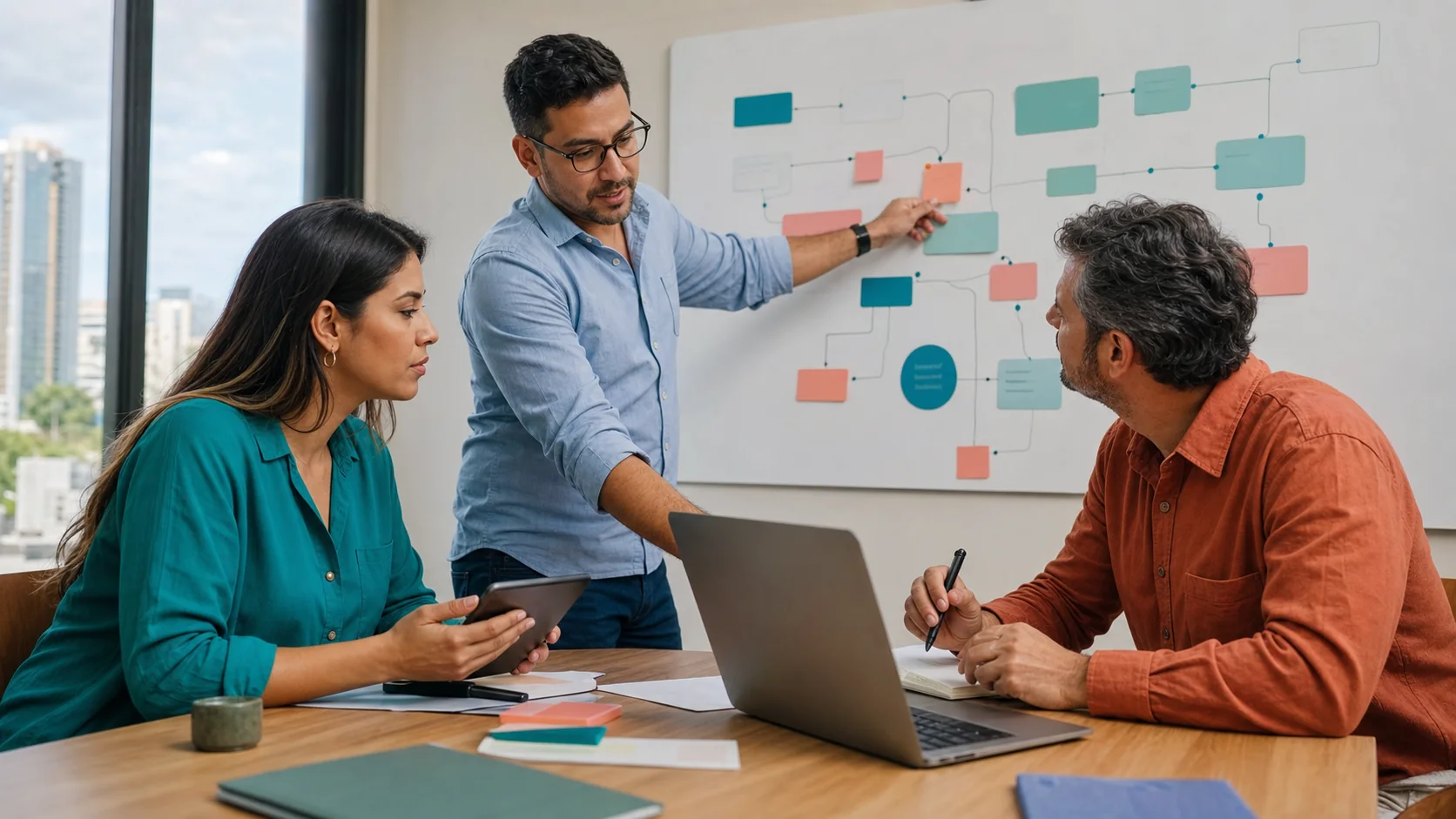 Equipo empresarial diseñando etapas, datos y traspasos antes de implementar un CRM