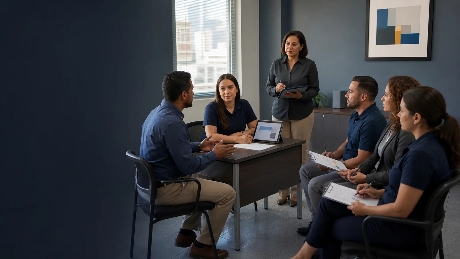 Facilitadora observa una simulación de atención al cliente con un equipo de trabajo