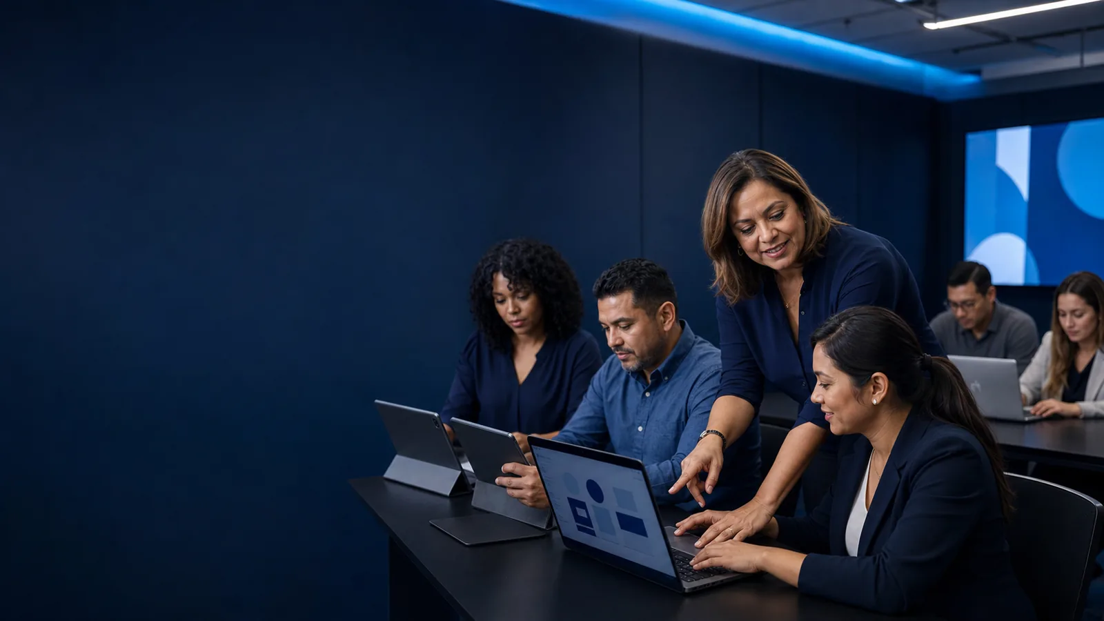 Facilitadora guía a un equipo adulto durante una capacitación práctica en competencias digitales