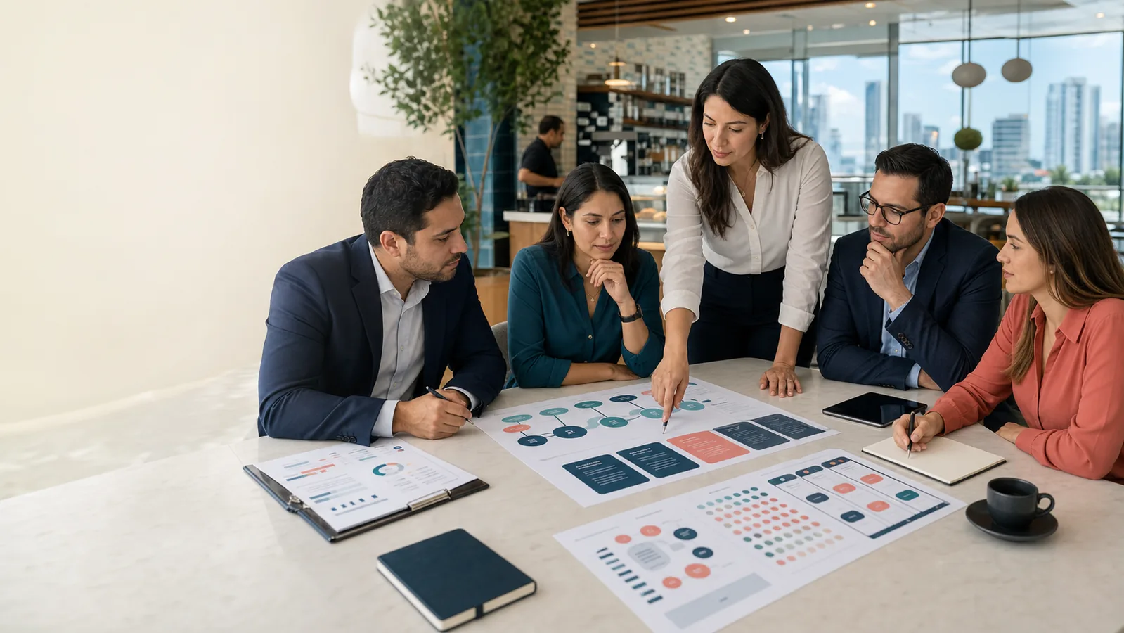Equipo empresarial y consultora revisan un programa de investigación de mercado y cliente incógnito en Panamá