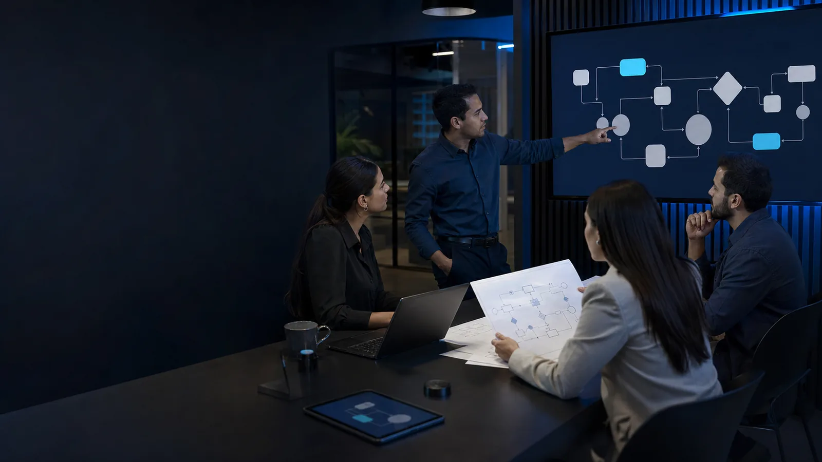 Equipo empresarial mapeando un flujo antes de automatizar un proceso
