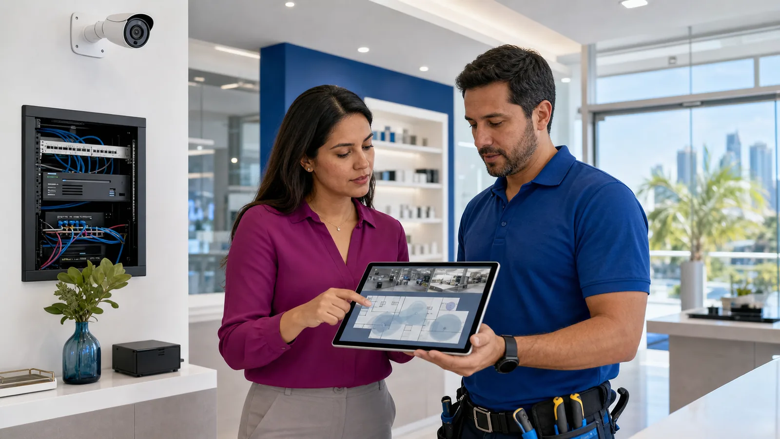 Gerente y técnico verifican la cobertura y conectividad de cámaras de seguridad en un negocio