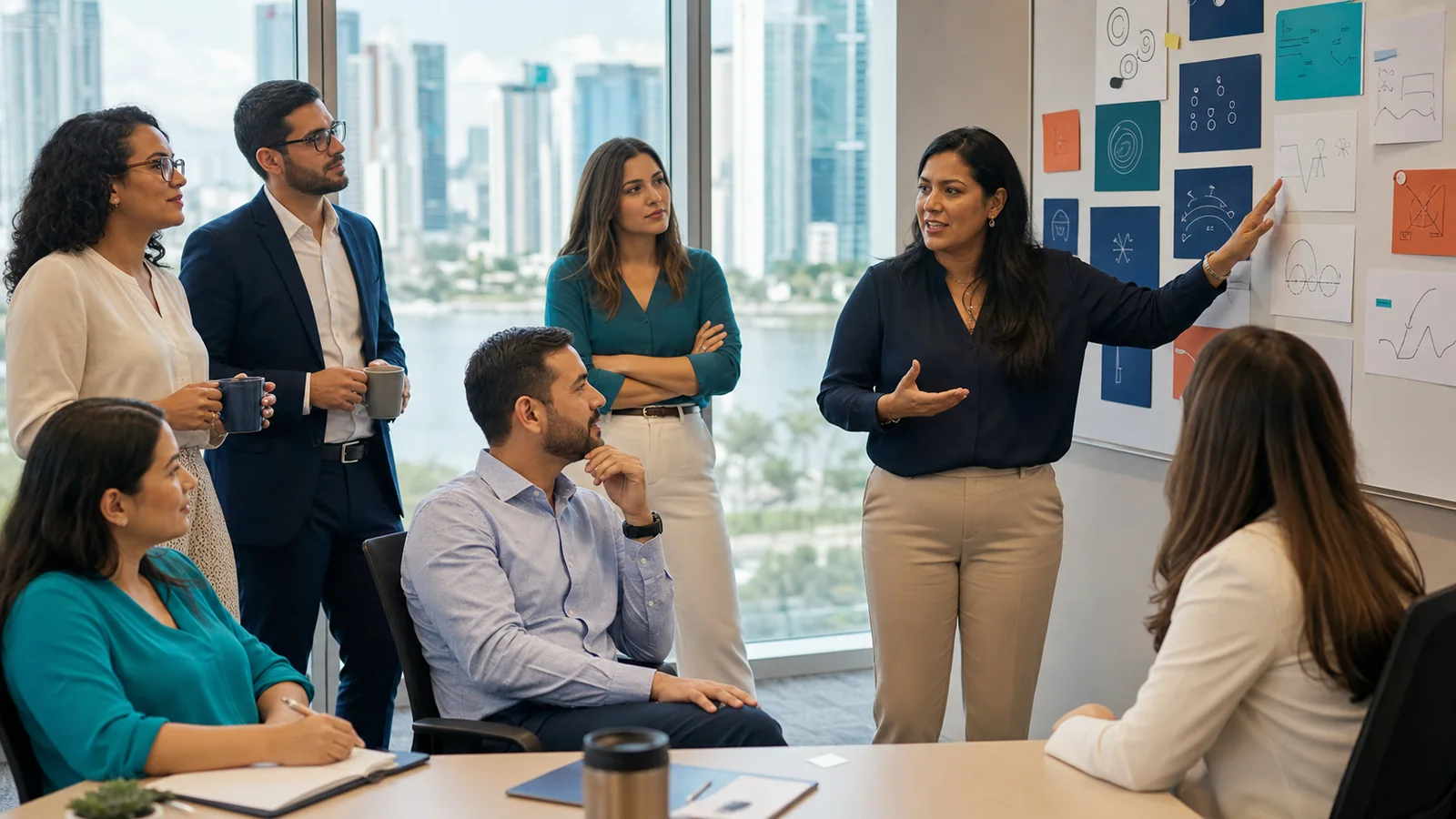 Facilitadora guía a un equipo durante un taller de manejo del estrés y bienestar laboral