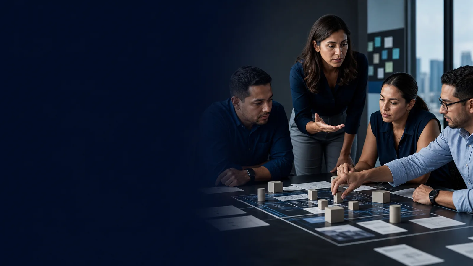Equipo corporativo coordina roles y decisiones durante un taller práctico