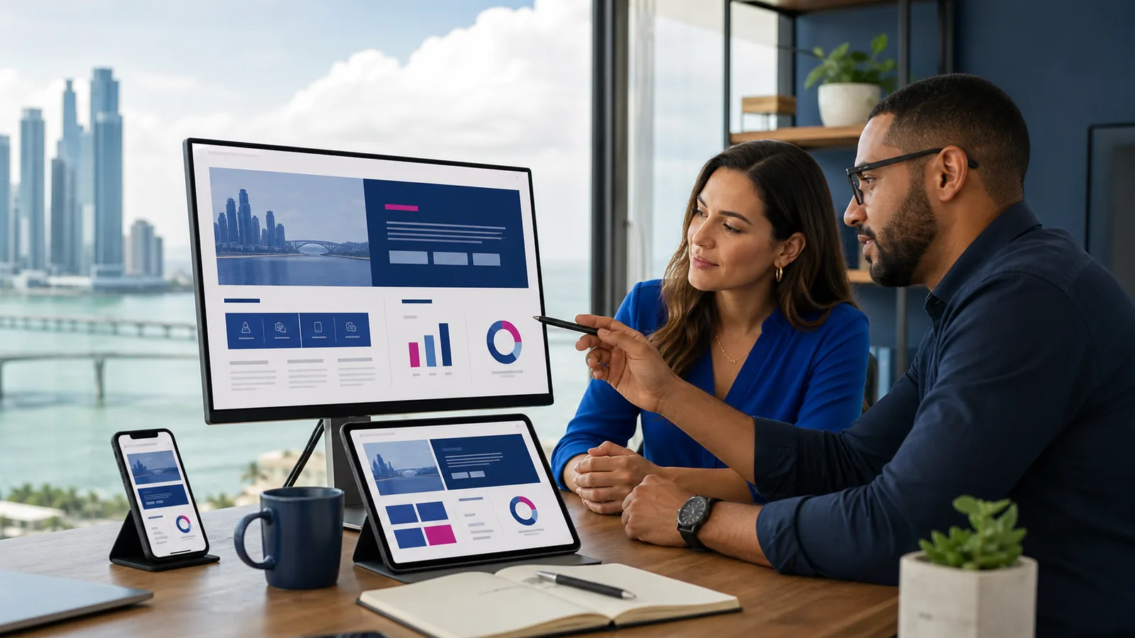Empresaria y especialista revisan un sitio web adaptable en varios dispositivos