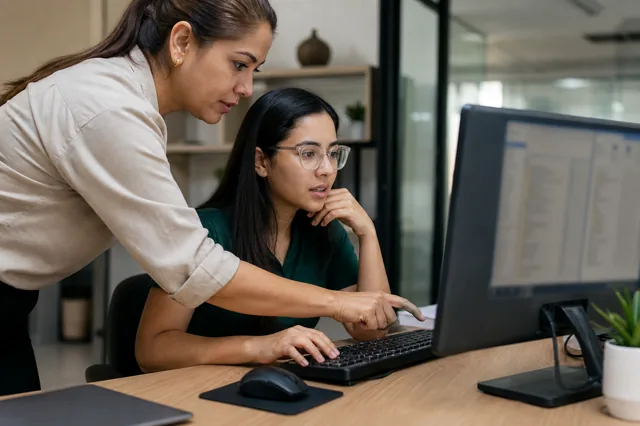 Empleada aprende un atajo de teclado mientras organiza archivos digitales.